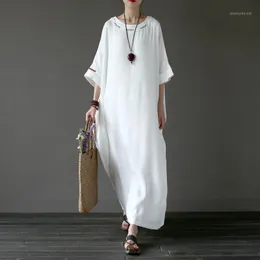 Party Dresses Wholesale- Solid White Plus Size Linen Embroidery Women Long Dress Original Oversized Summer Brand Robe Longue Femme A0421