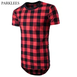 Longline T Shirt Mężczyźni Mała Plaid Slim Fit Tee Koszula Homme Lato Krótki Rękaw Mężczyźni Top Tee Casual Hip Hop Streetwear Koszulka Y200930