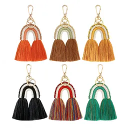 Weaving Rainbow Key Chains Rings Women Boho Handmade Tassel Pendant Car Key Holder Keyring Gifts Macrame Bag Charm Fashion Keychain Jewelry Accessories Dropship