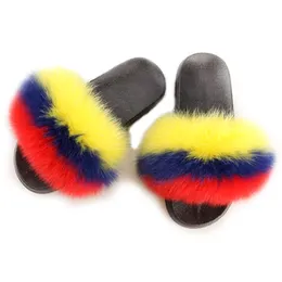 Kvinnor Nya Fox Fur Slippers Lady's Lovely Furry Tofflor Kvinnor Fox Fur Slides Soft Plush Fur Slippers Kvinnor Fluffy Plush Shoes 201125