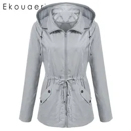 Ekoura Mulheres impermeáveis ​​jaqueta destacável manga longa de manga longa ao ar livre botão de bolso cordão jaquetas leves 201211
