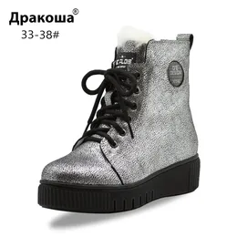 Apakowa little girls vinter äkta läder fleeceflining mid-calf snö stövlar stora barn vattentät klassisk silver shearling boot lj201029