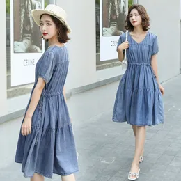 Hayblst Marca Denim Dress Womens New Summer Mangas Curtas Plus Size Roupas de Alta Qualidade Kawaii Estilo Coreano Roupas Sólidas T200603