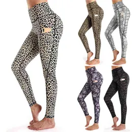 Byxor för kvinnor yogapantes fickor leopard tryck hög midja träning leggings som kör byxor sport kvinnliga tights kvinnor leggings h1221