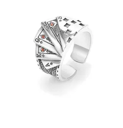 925 Sterling Silver Poker Ring Męski Trend Hip Hop Moda Kreatywny Retro Old Otwarty Flush Transfer Wskaźnik Pierścień Pierścień