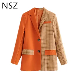 NSZ Women Checked Blazer Plaid Jacket Kvinna Patchwork Långärmad Office Arbete Elegant Ytterkläder Business Suit Coat Blaser Mujer T200319