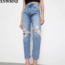 ZA desbotou jeans de cintura alta com design de cinco bolso rasgado detalhando na frente e zip voar e metal botão superior fastenins 201028