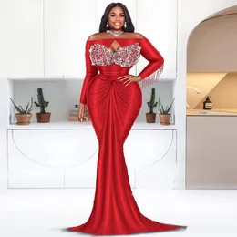 Saudi Arabia Red Mermaid Evening Dresses Aso Ebi Style Plus Size Long Sleeves Prom Gowns African Lace Appliques Party