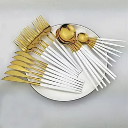 24 sztuk White Gold Obiadowa 18/10 Ze Stali Nierdzewnej Nóż Widelec Spoon Cutlery Kitchen Tableware Zestaw Flatware Hurtownie 201128