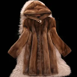 Hög faux mink päls kvinnlig ny plus storlek 6xl medellängd vinter huva toppar kvinnor tjockare bruna mink pälsrockar h556 t191128