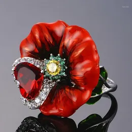 Cluster Ringe Utimtree Luxus Blume Für Frauen Party 925 Sterling Silber Kreative Rote Rose Ring Mode Schmuck Handgemachte Emaille1