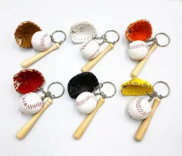 Collectable PU Leather Baseball Goves Keychain Wood Baseball Bat Keyring sports Key Rings Bag Hangs Fashion jewelry drop ship