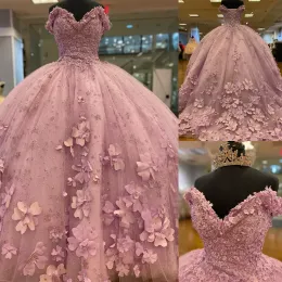 Rosa Ballkleid Brautkleider 2022 Brautkleid Perlen mit 3D-Blumenapplikationen Sweep Zug herzförmiger Ausschnitt Tüll Plus Size Maßgeschneiderte Vestido de Novia