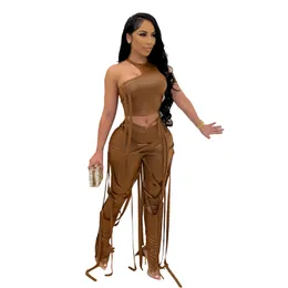 Kvinnors Faux PU Läder Pant Top Sweatsit Set Drawstring Lace Up Slit Leggings Suit Street TrackSuit Two Piece Fitness Outfit