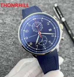 Luxuriöse Mode-Männeruhr aus japanischem Quarzwerk mit batteriebetriebenem Uhrwerk, alle Hilfszifferblätter funktionieren, 45-mm-Wochenkalender, schwarze, blaue Gummi-Silikon-Casual-Business-Armbanduhr