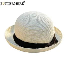 バターミアの夏の麦わら帽子白い太陽の帽子女性ボウラー帽子ビーチちょう結び旅行カジュアル女性のボーター帽子の帽子の帽子帽子女性G220301