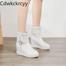 winter The New fashion Round head Increase within Mid boots white knitting Wool Plus velvet Keep warm High heel Women boots1