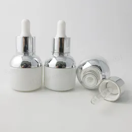 Ny ankomst 1000 x 30ml vit glasdroppflaska med silver axel och krage glödlampa eterisk olja