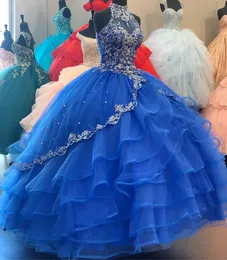 Azul saia em camadas Quinceanera Prom Dresses Appliqued frisada doce 16 vestidos vestido de baile de 15 anos vestido xv Vestido