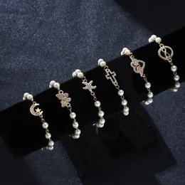 Symulowane Pearl Bransoletka Dla Kobiet Moda Rhinestone Cross Round Starfish Charm Bransoletka Złoto Łańcuch Bride Wedding Jewelry Gifts