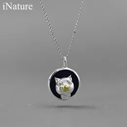 INATURE Katze Selfie 925 Sterling Silber Kette Halsketten Für Frauen Blau Lapis Lazuli Runde Anhänger Halskette Edlen Schmuck Q0531