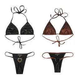 Snygg metallbrev Lace up bikini set damer sommar triangel badkläder fulla bokstäver tryckta baddräkt slinga elastisk ojämn badläsning