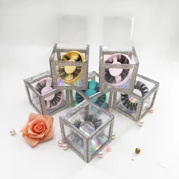 25mm Full Strip Mink Lashes Rhinestone Lash Package Crystal Clear Square Diamant Lash Boxes med dramatisk ögonfrans
