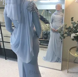 Dubai Kaftan Arabic Long Sleeves Formal Evening Dresses 2022 Flowers Beaded Chiffon Light Blue Muslim Prom Gowns Abiye Gece Elbisesi