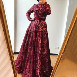 Bling Bourgogne Sequined Prom Dresses 2023 High Neck l￥nga ￤rmar Muslimska arabiska kvinnor Formella aftonkl￤nningar Sop Train Celebrity Party Dress
