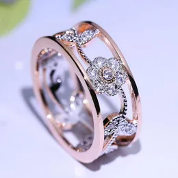 Cluster Rings Flower Vine Leaves Ring Micro-inlaid Zircon Double Layer Two-tone Wedding For Women Fashion Lucky Gift Jewelry1