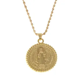 Złoty Kolor Katolicki Saint Benedykt Okrągły Medal Wisiorek Naszyjniki Katoliciska Biżuteria Prezenty
