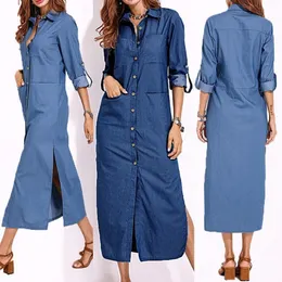 S 5XL Zanzea 봄 패션 데님 파란 드레스 여성 캐주얼 옷깃 긴 소매 롱 셔츠 Vestido 우아한 작업 Ol Sundress T200416