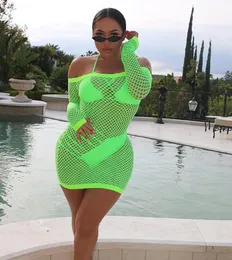 Casual Dresses Sexy Neon Green Summer Beach Dress Women Off The Shoulder Long Sleeve Bodycon Mesh Hollow Out Clubwear Mini Vestidos