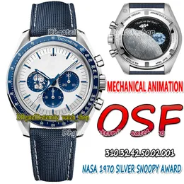 2022 OSF Moonwatch Silver Snoop Award Mens Mens Watch ручная хронограмма белый циферблат 50 -летие (настоящая механическая анимация) Синий нейлоновый ремешок вечные часы