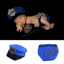 Newborn Police Design Photography Props Hats Infant Toddler Costume Outfit Crochet Baby Clothes Outfit