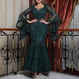 2021 Różowy ASO EBI Arabski Luksusowy Koronki Zroszony Prom Dresses Mermaid Długie Rękawy Suknie Wieczorowe Tanie Formalne Party Drugi Reception Suknie