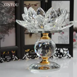 Xintou Crystal Glass Block Lotus Flower Metal Candle Holder Feng Shui Heminredning Stor Tealight Candle Stand Holder Candlesticks T200703