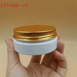 Frete grátis 50ml 100ml plástico branco liso Garrafa Jars New Style Gloden alumínio parafuso tampa manteiga sal de banho Garrafas Embalagem