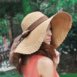 New Wide Brim Summer Hats For Women Vacation Leisure Beach Hat Ribbon Bow Sun Visor Straw Hat Panama Woman's Sun Caps Y200102