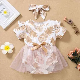 2st Baby Summer Romper Suit Pineapple Print o-hals Kort ärmar Jumpsuit kjol med hårband för småbarnsflickor G1221