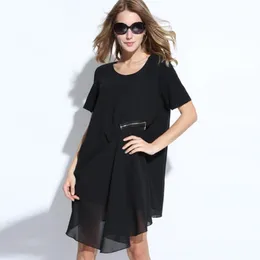 02389# JRY New Spring Women Fashion Irregular Dresses Round Collar Short Sleeve Dress Lady Solid Color Loose Chiffon Casual Dress L XL