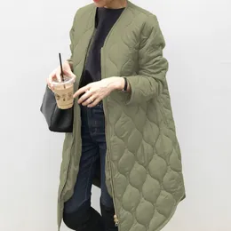 Outono algodão acolchoado jaqueta escritório senhoras coreano quente sólido verde zíper retro Causal longo parkas inverno casaco outwear sobretudo 201027