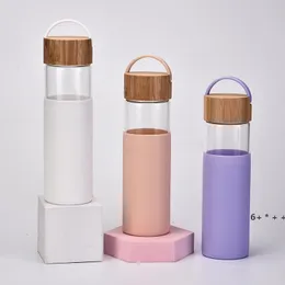 520ml Borosilicate Glass Water Bottles with Bamboo Lid 10 Colors Non-Slip Silicone Sleeve Sports Water Bottle sea shipping RRB13237