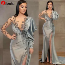 Sexy Silver Bainha Manga Longa Vestidos de Noite Desgaste Ilusão Cristal Beading Alto Lateral Split Comprimento Do Partido Vestido De Partido Vestidos De Prom Vestidos Aberto Vestido Vestido de Soirée 2022New