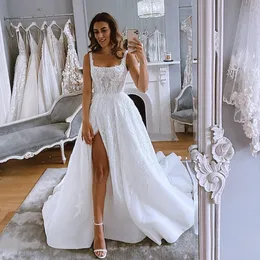 Moda Bir Çizgi Dantel Gelinlik Kare Boyun Yan Bölünmüş Payetli Gelinlikler Sweep Tren Tül Robe de Mariée