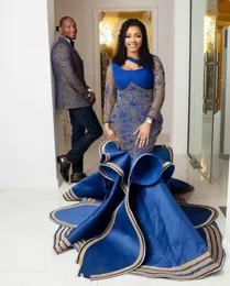 Árabe Aso Ebi Ebi Royal Blue Lace Badyted Evening Mermaid PROM VEDORES DE FESTO FORMAL SEXO RECEPTION GOWNS ZJ