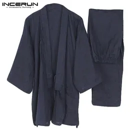 Mäns sovkläder män kimono uppsättning homewear japansk stil solid färg bomullstoppar och byxor pyjamas lös avslappnad comfy l-5xl