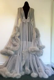 Grey Faux Fur Long Sleeve Women Winter Sexy Kimono Pregnant Party Sleepwear Ladies Bathrobe Sheer Nightgown Robe