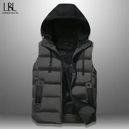 Neue Herbst Winter Männer Casual Mit Kapuze Weste Solide Ärmellose Jacke Männliche Dicke Warme Weste Zipper Taschen Oberbekleidung S-4XL 201126