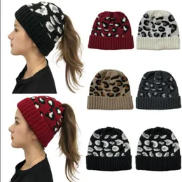 Damskie Czapki Dzianiny Kapelusze Kapelusze Leopard Lady Beanie Tail Messy Miękka Kok Krojenia Czapki Dziewczyny Zima Ciepły Kapelusz 5 Kolory DW5959